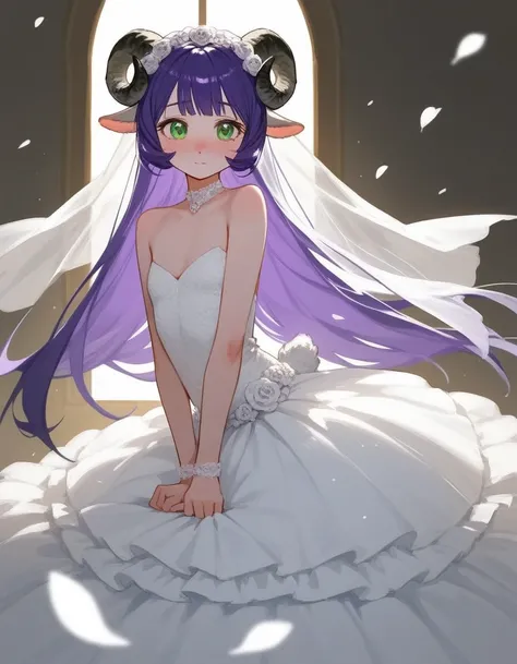 One, score_9,score_8_ upwards,score_7_ upwards,   sheep horns, lamb tail ,  Anthropomorphic ram ,  light skin , flat chest,  purple hair, purple long hair ,  light skin ,  green eyes ,  Very long hair,  wedding dress ,   indoor skirt, shy posture hands hid...