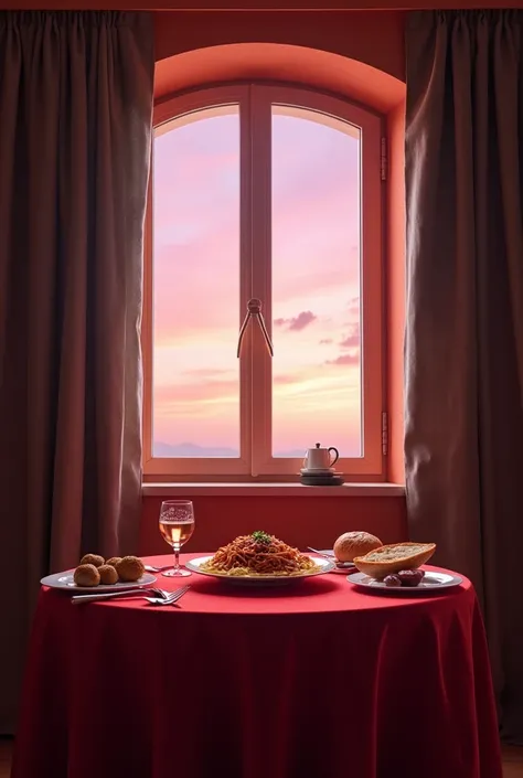 round table with red table cloth with spaghetti, meatballs, and bread facing towards the italian window (hollow window) with a sky painted pink and it blends with a black shadow in the edges such as the edge of a window