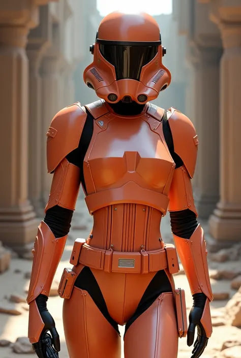 Sexy female stormtrooper (Star Wars), armored leotard, salmon helmet, salmon armor