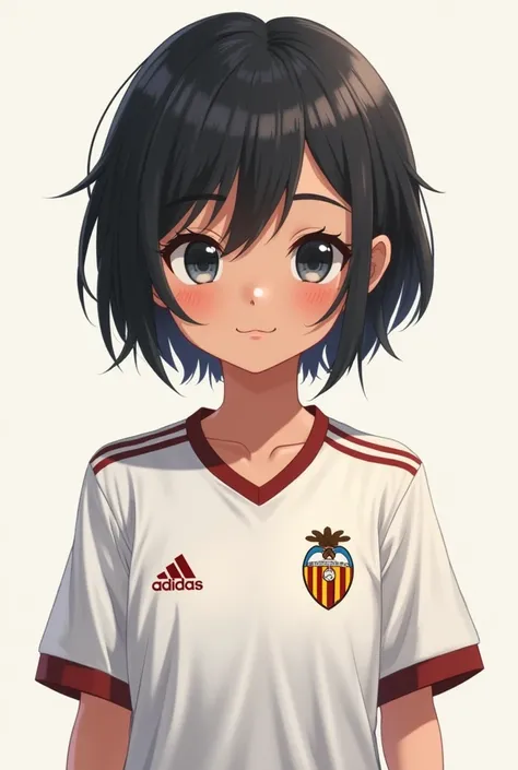  anime-style: A GIRL ABOUT  WITH BROWN AND BLACK SKIN, WITH GREY-GRAY EYES AND SHORT BLACK HAIR, WEARING A VALENCIA TEAM SHIRT