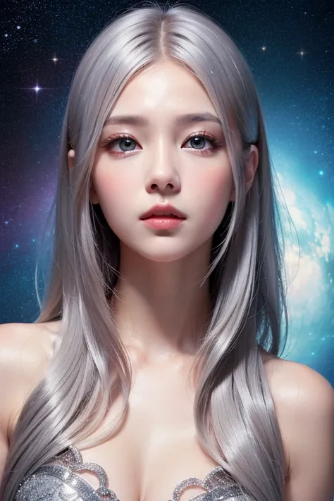 young girl, beautiful face, long silver hair, gray eyes, charming gaze, looking at the viewer, princess style, galaxy background, (eye details, face details, body details), (make clear and good pictures), (make 4k and 8k pictures), (masterpiece)