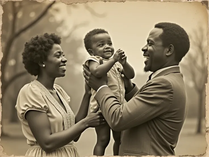 " An old, aged photograph of a couple Negro playing with his toddler .  The image has sepia tones or black and white ,  with wear marks such as scratches and faded edges to look authentic .  The father and mother are smiling and interacting with the  , whi...