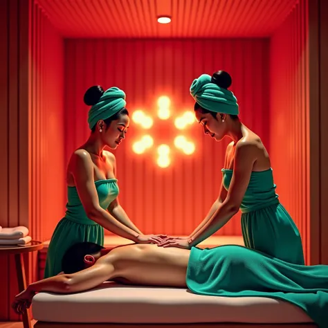 create big colourfull text flyer says "COBLOS4D SLOT GAMPANG PECAH", big text on center, red atmosphere, sauna and spa themes background, 2 big breast asian girl wearing profesional towell dress tosca green, is working back massaging man facing down in bed...