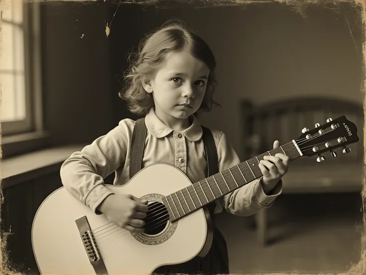  An old and aged photograph of a seven-year-old  Holding a guitar.  The image must have sepia tones or black and white ,  with wear marks such as scratches and faded edges to look authentic .  The  has a concentrated and curious expression ,  holding the g...