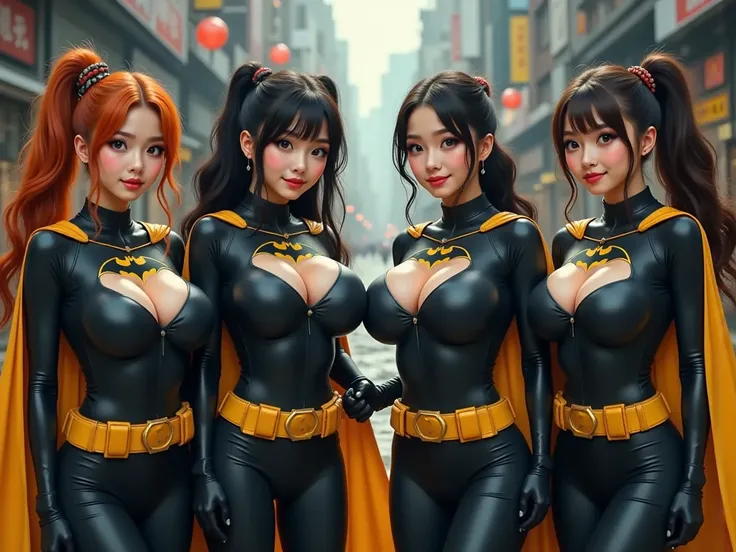 4 ADULT BABES. ONE KOREAN WITH BRUNETTE HAIR, ONE CHINESE WITH ORANGE/RED BRAIDED HAIR, ONE CHINESE WITH BLACK HAIR PIG TAILS, ONE AMERICAN WITH BLONDE HAIR IN A PONY TAIL. ALL WITH BLUE EYES. real photograph, 4 young looking incredibly busty MATURE girls ...