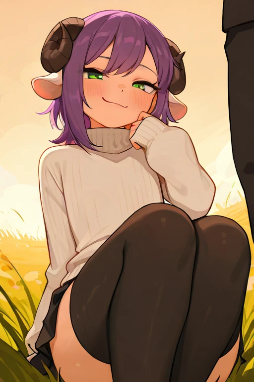 от реси)), alone,  best quality , sheep horns,  Ultra detailed illustration,  green eyes, warm colors,  perfect lighting , (guy ram:1.6) , A woman's face and body , long disheveled purple hair, skirt, long black stockings,  white long sleeved sweater, with...