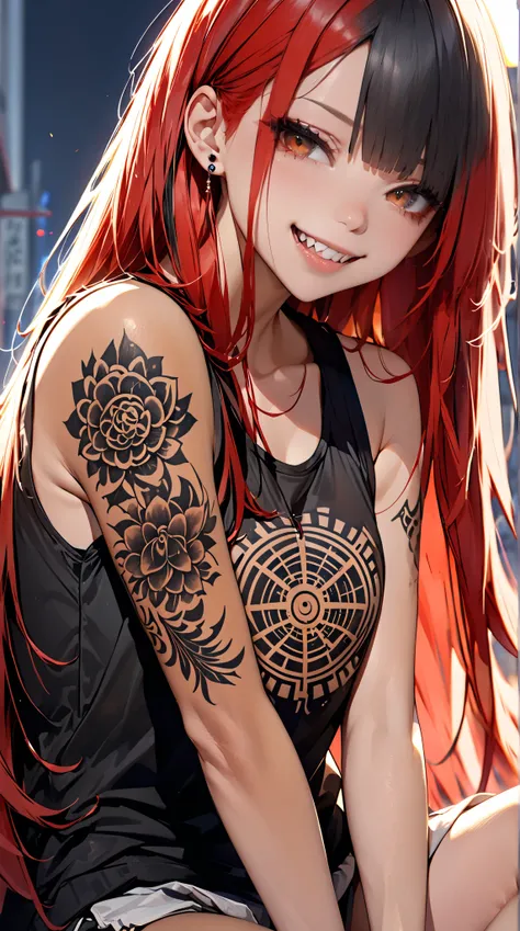  1 girl, solo,  high resolution,  long hair,  brown skin,Full body tattoo,全身Sutrasのような刺青, close-up,  blonde, Super long hair,  black plain tank top ,Many Tattoos,  1 girl, solo,  tattoo, punk,  looking at the viewer ,  shirt,  jewelry, multicolored hair , ...