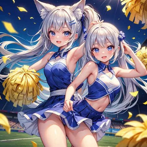 " Masterpiece,  super quality next to each other, hyper-detailed,  high resolution, 4K, 8k,  extremely detailed. A beautiful girl with flowing silver hair and fox ears,  wears cute hairpins and hair accessories. She is wearing a cheerleader outfit that exp...