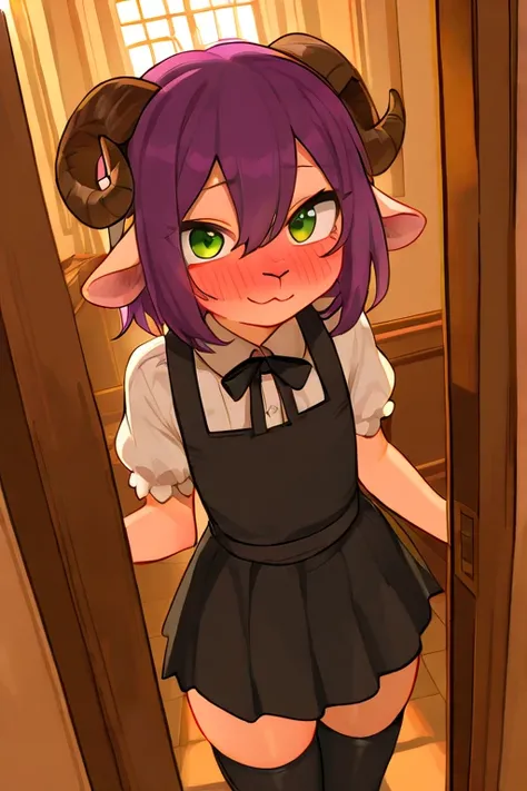 от реси)), alone,  best quality , sheep horns,  Ultra detailed illustration,  green eyes, warm colors,  Perfect lighting , (guy ram:1.6) , female face and body , длинные hair,  purple hair, skirt,  long black stockings, servant clothes , lowered smile , bl...