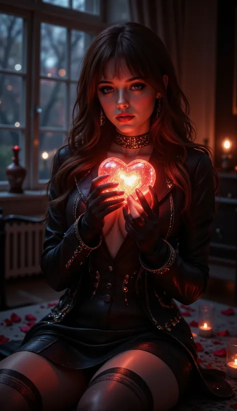 girl,  holds  a  glowing  red  heart.  Gothic  fashion  style;  black  leather  jacket-style  dress,  gloves,  and  tight  leggings.  Small,  dark  lace  details  on  the  dress  and  leggings.  Detailed  dark  makeup.  Intense  red  glowing  heart  in  he...