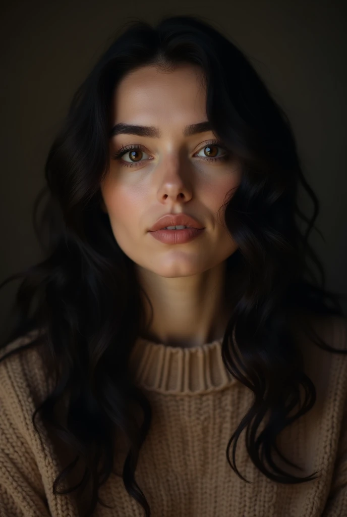 Photographic portrait, cute 26 year old woman, pale skin, highly detailed face, long black wavy hair, seducing facial expression, wearing a cozy sweater, year 1963, dark background, warm colors, RAW candid cinema, 16mm, color graded portrait. 400 film, rem...