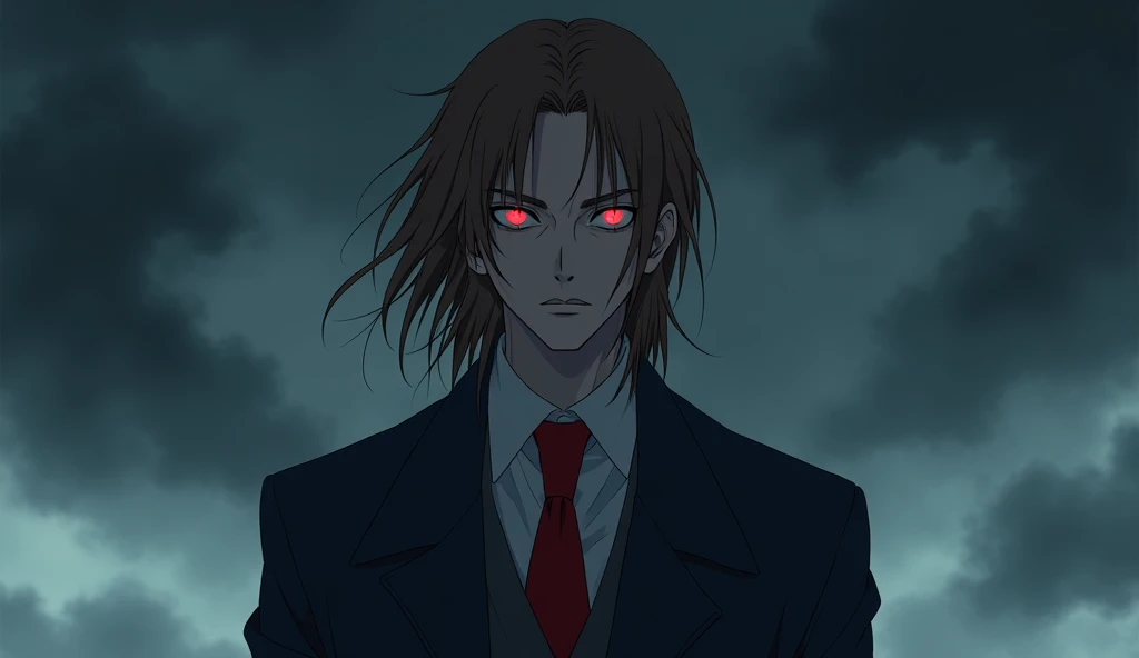 White man with long messy brown hair styled backwards with red eyes and thin irises wearing a dark blue overcoat and red tie with a dark sky, anime