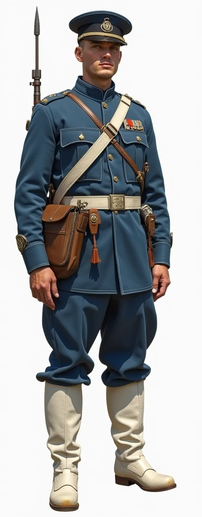 military uniform, blue shirt with pants, white boots, 1923-1925 The guy stands at full height and straight.Stands straight.A type of uniform worn during war or regular service.With weapons and equipment.Dressed inwhite tactical gear