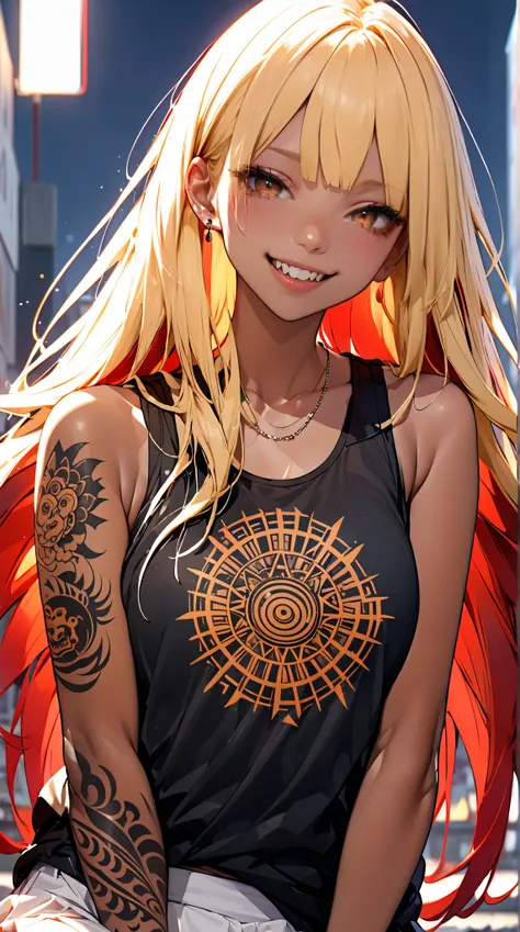  1 girl, solo,  high resolution,  long hair,  brown skin,Full body tattoo,全身Sutrasのような刺青, close-up,  blonde, Super long hair,  black plain tank top ,Many Tattoos,  1 girl, solo,  tattoo, punk,  looking at the viewer ,  shirt,  jewelry, multicolored hair , ...