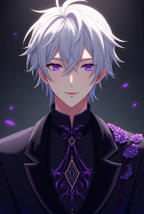 An anime man with white hair and purple eyes ,with an elegant black tunic with purple details and with a smile