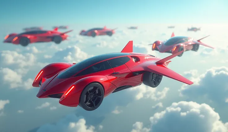 give me fully h.d. modified flying cars of red colors with fans in sky