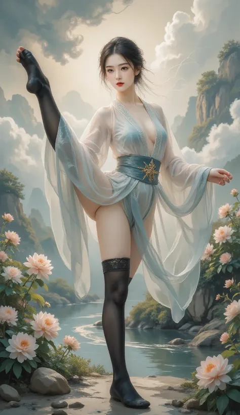 standing splits，chinese clothes，cloud ，makeup，red lips ，smoke ，waves，floating hair ，floral background  ，flower ，8k, masterpiece, best quality, Two-dimensional, (Chinese traditional ink painting:0.2), (perfect hands:1.4),black stockings，Wearing white light ...