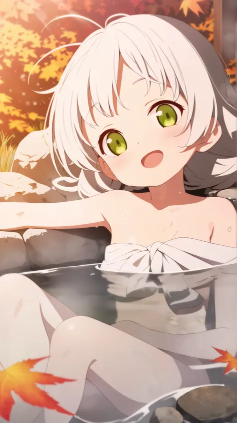 (high image quality), (best quality), (high definition), (8k), one naked girl, in the hot spa, loli, white hair, green eyes, relaxed, smiling, (soaking in a hot spring:1.3), water up to her chest, autumn leaves, looking up, open mouth, looking at the lands...