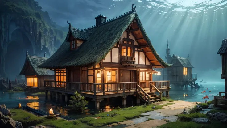 color ( fantasy: 1.2), (Hayao Miyazaki Style), ( Irregular Buildings Floating Underwater ), Patchwork Cottage, Moss decoration, Coral, Light,   Concept art inspired by Andreas Rocha ,   Art Station Contest Winner  ,   fantasy art , (  Underwater City ), Ro...