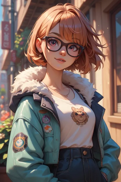 Cute girl in a jacket small hair with bangs and with glasses