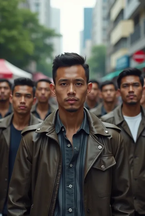 Dozens of Indonesian men , dressed in fashionable but varied casual attire, looked stunned,Front view, zoom camera,Background of a typical Indonesian central business area,very realistic, finest details, very natural, cinematic,They all looked at the camer...