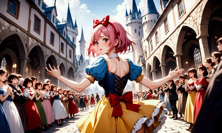  (((from behind))), powerful, (((Back view))), (((Picture book illustrations))), Fantasy World, (Medieval European), (Characters are on the edge), ((spring)), ((snow white cosplay, snow white (disney) (cosplay), cosplay, dress, hair bow, puff and slash sle...