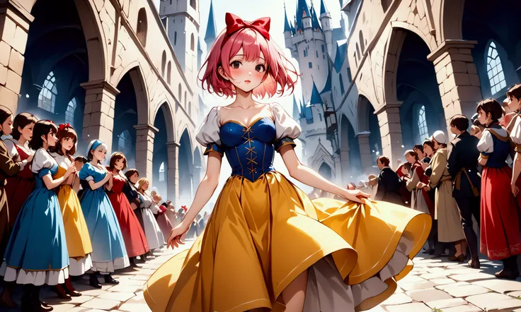  (((from behind))), powerful, (((Back view))), (((Picture book illustrations))), Fantasy World, (Medieval European), (Characters are on the edge), ((spring)), ((snow white cosplay, snow white (disney) (cosplay), cosplay, dress, hair bow, puff and slash sle...
