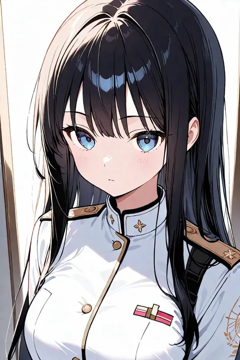  long black hair、 girl、 white uniform、 cute、 expressionless 、Timid