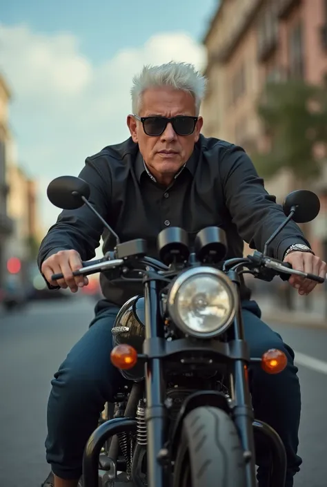 A white man with short white hair  ,   wearing sunglasses with a black motorcycle on the side
