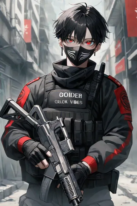  foreign country,   alone, 1 male, ,    black hair, White highlights on the tips of the hair,   Red Eyes, 、  cool vibes, ,  soldier、  black mask,I'm holding a gun