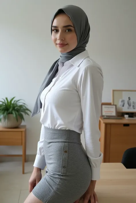 eueopean woman , Gray pasmina hijab , wear a long shirt with tight buttons in white, and (( wear a tight short span skirt of gray color)) ,
large round buttocks, bulging round breasts, thick lips of dark brown color, sensual smile face ((staring into the c...