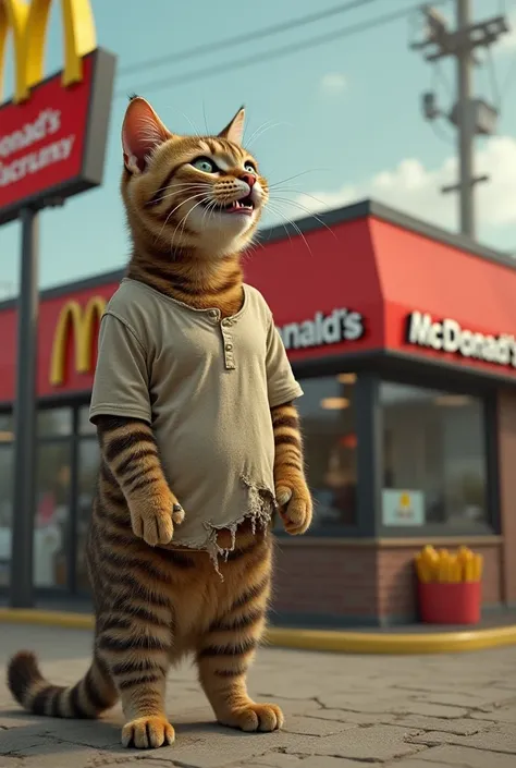 "A brown cat wearing a torn shirt, is standing upright like a human outside McDonald's, craving for food. The bear's mouth is watering at the sight of McDonald's."