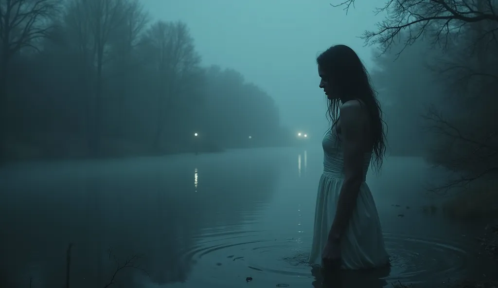  A bleak night landscape near a river covered in fog .  The ghostly silhouette of a woman dressed in white floats on the water , ” their face distorted by pain , shouting “My ren! !”.  Her long and messy hair floats as if she were underwater .  The environ...