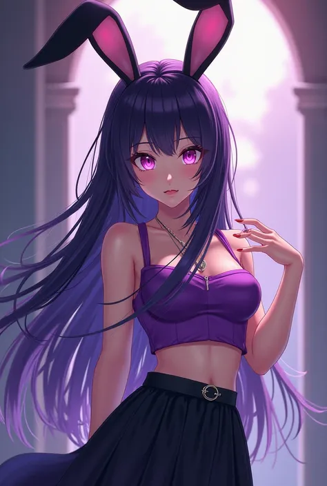 beautiful anime woman with long dark purple hair, bunny ears, 
purple eyes, purple crop
 top and black long skirt