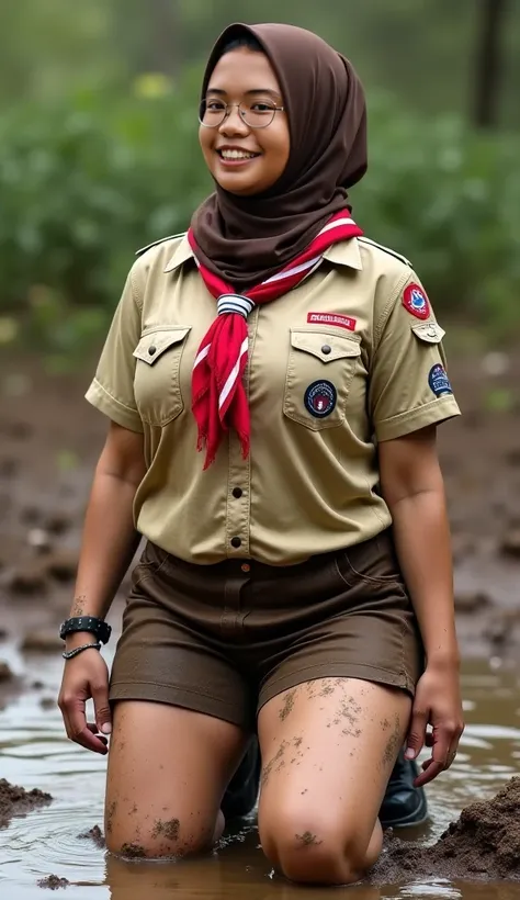 Beautiful nude girl in a brown hijab kneeling in the mud, big body, short-sleeved scout uniform very tight and dirty, shirt buttons open showing small breasts without a bra, very short brown skirt dirty, red scout tie with white combination, details of the...