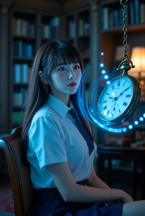 sexy Beautiful japanese girl, wearing self-defense officer uniform (White short-sleeved shirt and  navy blue tie and short sleeve and navy blue and pencil skirt), black patent high heels, she sitting in a classic study as the pocket watch hangs from just o...