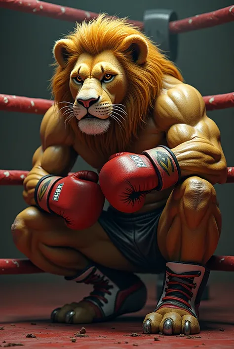 A humanoid lion wearing boxing gears sitting in the corner of the ring with bruises make it sweating 