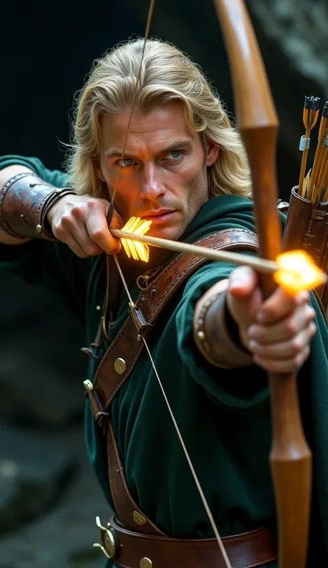 "Ultrarealistic blonde man with shoulder-length wavy hair, a sharp jawline, and piercing blue eyes, aiming a glowing golden arrow from a finely crafted wooden bow. His expression is intense and focused, with his muscular arms taut as he draws the bowstring...