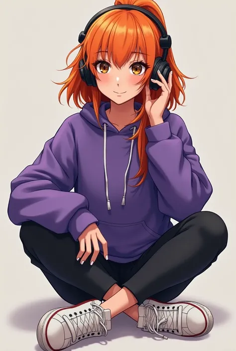 15-year-old girl with orange hair, black earphones, brown eyes, purple sweatshirt ,  black pants , white tennis shoes