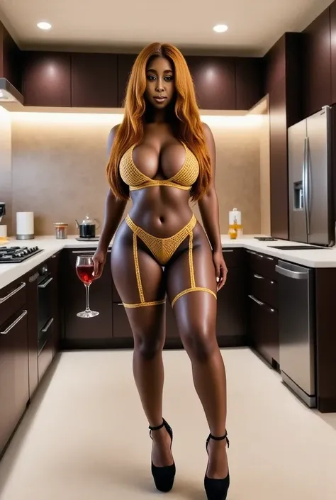 ariagold wearing a sexy lingerie in a luxurious kitchen drinking wine, platform heels