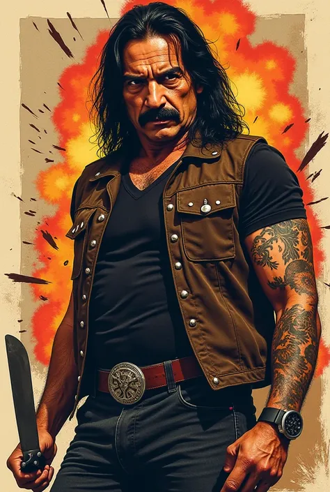 Ink illustration style on vellum, featuring a full-length image of Danny Trejo, stylized like an action movie poster. He faces the viewer with a stern expression and slightly downturned mouth, creating tension. His long, dark hair frames his face, and he s...