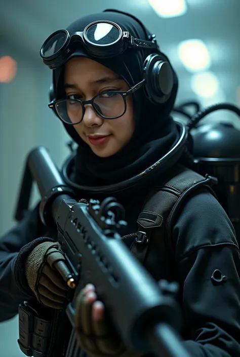 A beautiful, detailed woman with hijab, wearing black-framed glasses, an wetsuit with oxygen, holding a gun in full-body view, intricate details, photorealistic, highly detailed, cinematic lighting, dramatic, action, cyberpunk, light, moody, realistic, 8K