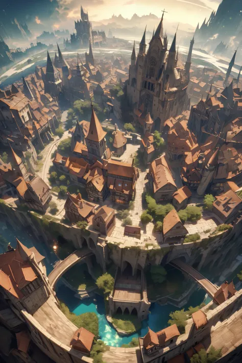 without people,  The image shows a medieval fantasy city , and above is a giant beautiful cosmic landscape