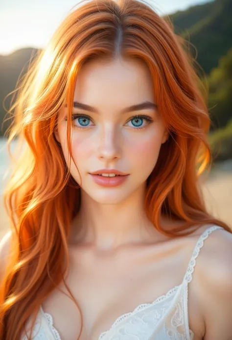 ((intricate details, pale skin)), solo, very detailed, detailed face, very long hair, picture of a beautiful young woman, dasha_taran, sfw, ((natural orange hair)), High Definition RAW Photography, 16k photography, (full body), standing, delicate facial fe...