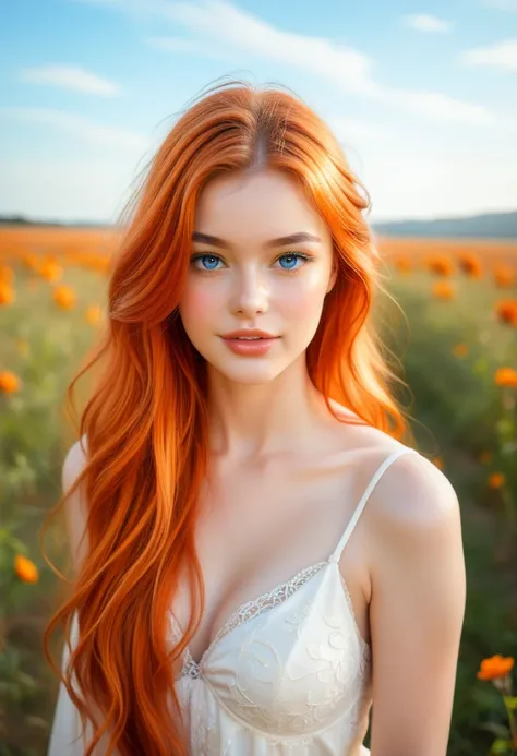 ((intricate details, pale skin)), solo, very detailed, detailed face, very long hair, picture of a beautiful young woman, dasha_taran, sfw, ((natural orange hair)), High Definition RAW Photography, 16k photography, (full body), standing, delicate facial fe...