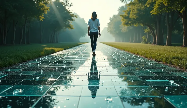 *A person standing on a path made of reflective glass tiles, each tile showing a different aspect of their self-identity. As they walk, the tiles shatter, symbolizing the release of judgment and attachment. The surrounding nature is peaceful, symbolizing t...