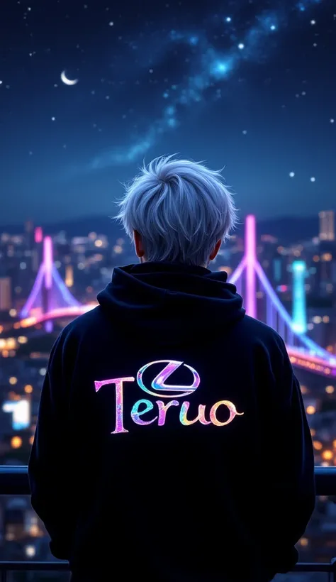   Back view of a silver-haired man watching the night view from a height 。There is a beautiful, iridescent Lexus logo on the back of the man。Underneath it are beautifully shining, rainbow-colored roman letters「 Teruo  」It's written。Night view with Tokyo Ra...