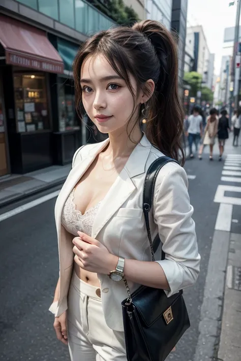 shasa from the anime Shingeki no Kyojin, shoulder length hair, brown hair, ponytail, beautiful, beautiful woman, perfect body, perfect breasts, wearing a white formal shirt, black blazer, black trousers, carrying a bag, wearing a watch, wearing earrings ea...