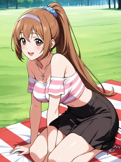 masterpiece,best quality,very aesthetic,highres,MomoseAyumu, 1girl, solo, long hair, brown hair, brown eyes, large breasts, happy, smile, hairband, Striped off-shoulder crop top, High-waisted skirt, Sneakers, High ponytail with a scrunchie, Sporty and play...