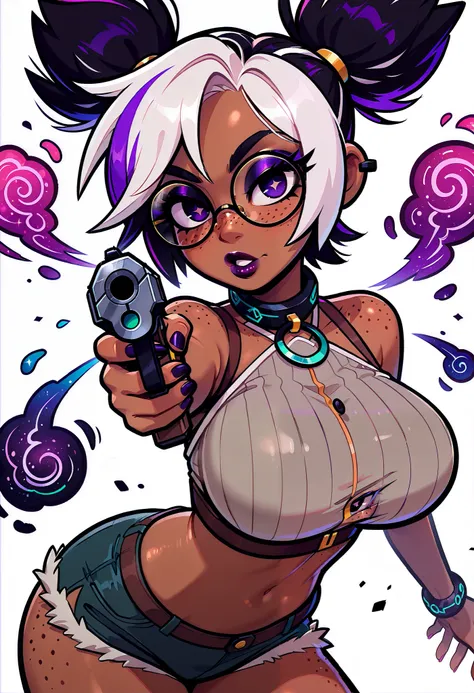 (masterpiece), 1girl, solo, best quality, expressive eyes, perfect face, newest, perfect anatomy, flawless face, dark skinned African female with pigtails and glasses, multicolored hair, collar, makeup, lipstick, glossy lips, freckles, big breasts, big but...